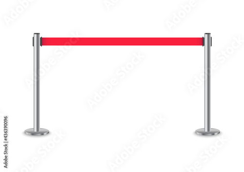 Retractable stanchion with red tape. Red fencing tape. Realistic metal barrier for vip zone, security zone, closed event, exclusive entrance and for crowd control. Vector illustration.