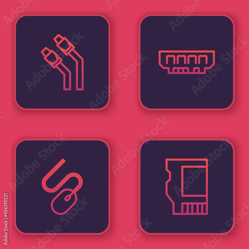 Set line LAN cable network internet, Computer mouse, RAM, random access memory and SD card. Blue square button. Vector