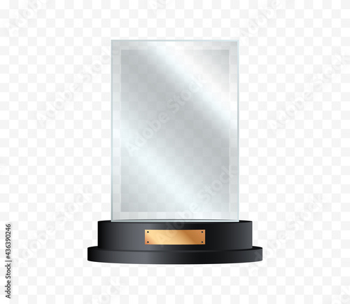 Glass trophy. Realistic crystal award or acrylic prize. Winner glass cup on stand. Vector illustration.