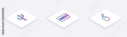 Set Isometric line USB, SSD card and Computer mouse. White square button. Vector