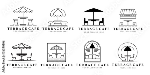 set of terrace cafe logo vector line art and vintage illustration template design. bundle collection street food restaurant coffee shop for various logo concept with isolated and badge design