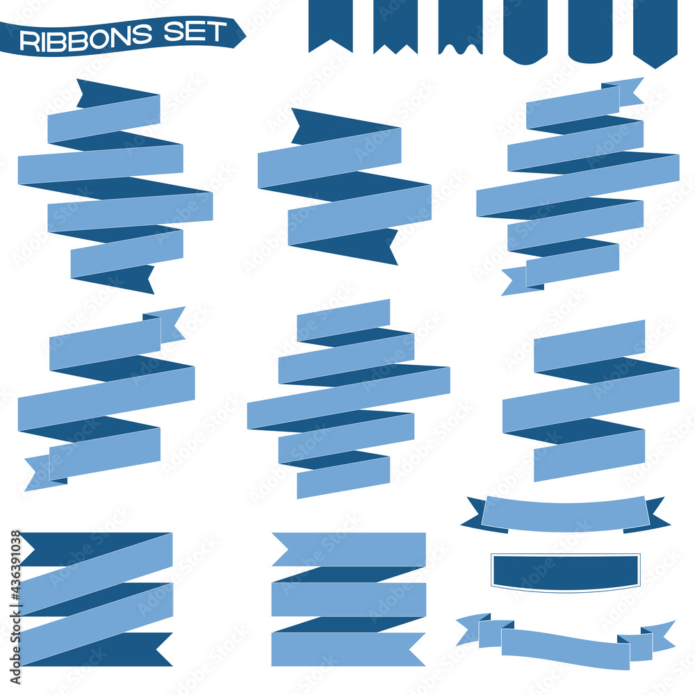 Blue color vector set of ribbons in different shapes