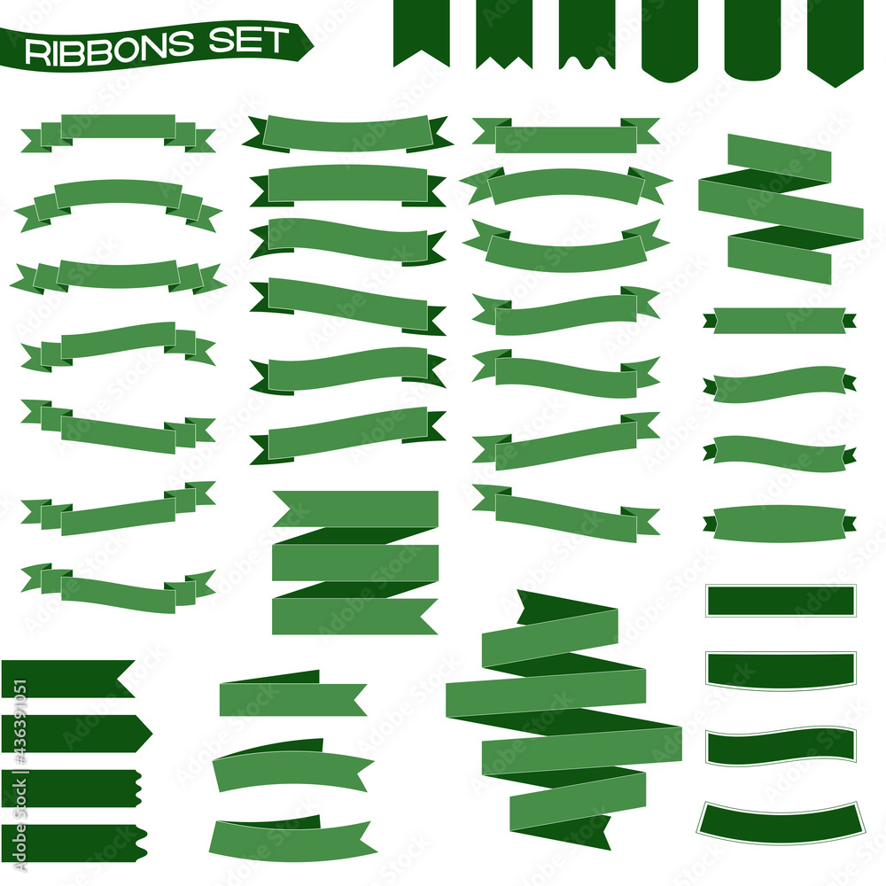 Green color vector set of ribbons in different shapes