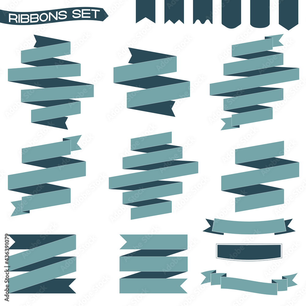 Sea-green color vector set of ribbons in different shapes