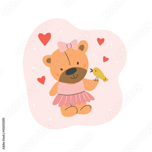 Happy cute teddy bear girl in summer clothes with yellow bird, hearts isolated on pink background illustration vector. Perfect for t shirt design for kids 