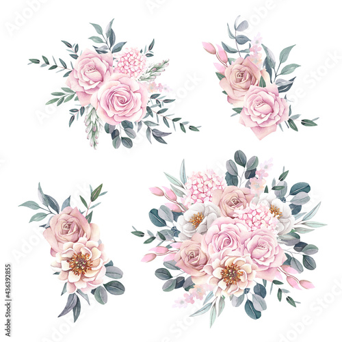 Set of watercolor bouquets with roses and peonies for decoration.