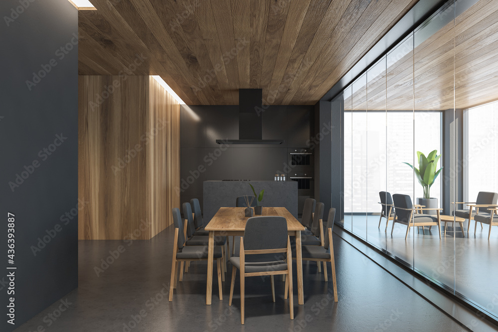 Wooden and gray kitchen interior with table and counters Wooden and gray kitchen interior with table and counters