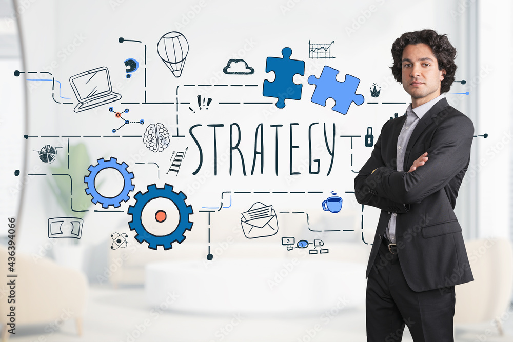 Hispanic businessman with crossed arms pose pensive look at came Hispanic businessman with crossed arms pose pensive look at came
