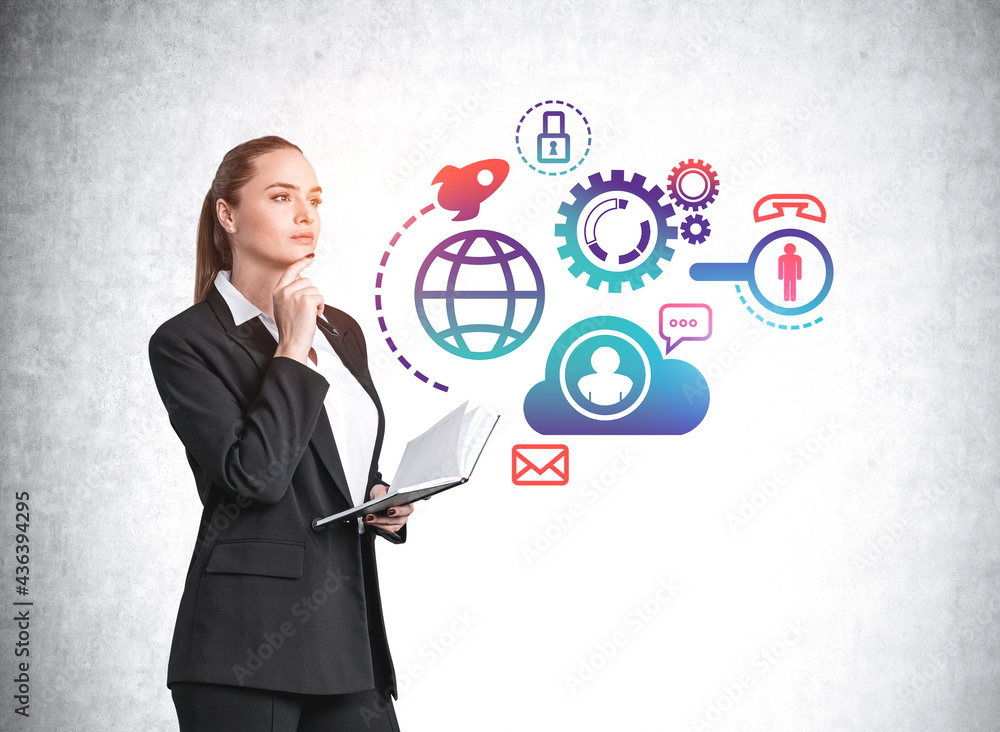 Attractive businesswoman wearing black suit holding a notebook and thinking about future career. Concept of business optimization. Attractive businesswoman wearing black suit holding a notebook and thinking about future career. Concept of business optimization.