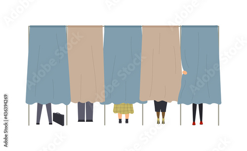 Political election process. Bundle of people are in the voting booths putting ballots in box at polling station, choosing candidate or voting for politicians. Vector cartoon illustration