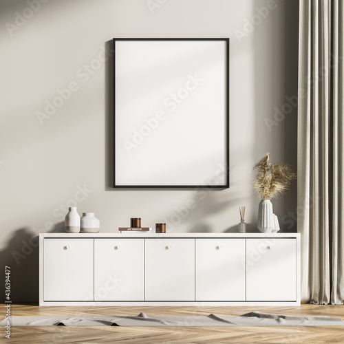 Modern design home interior of living room with commode. Mock up frame poster for painting on the wall. Template.