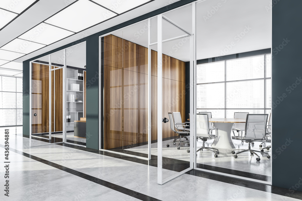 Fototapeta premium Wooden and white conference room interior with furniture and window