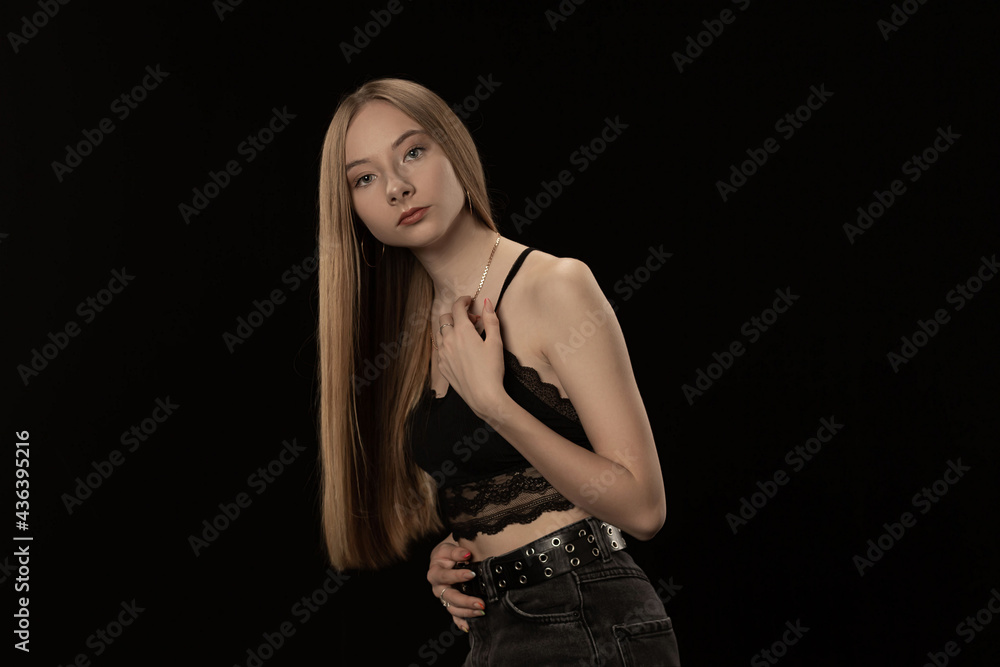 Studio, black background, top and jeans + Studio, black background, top and jeans +