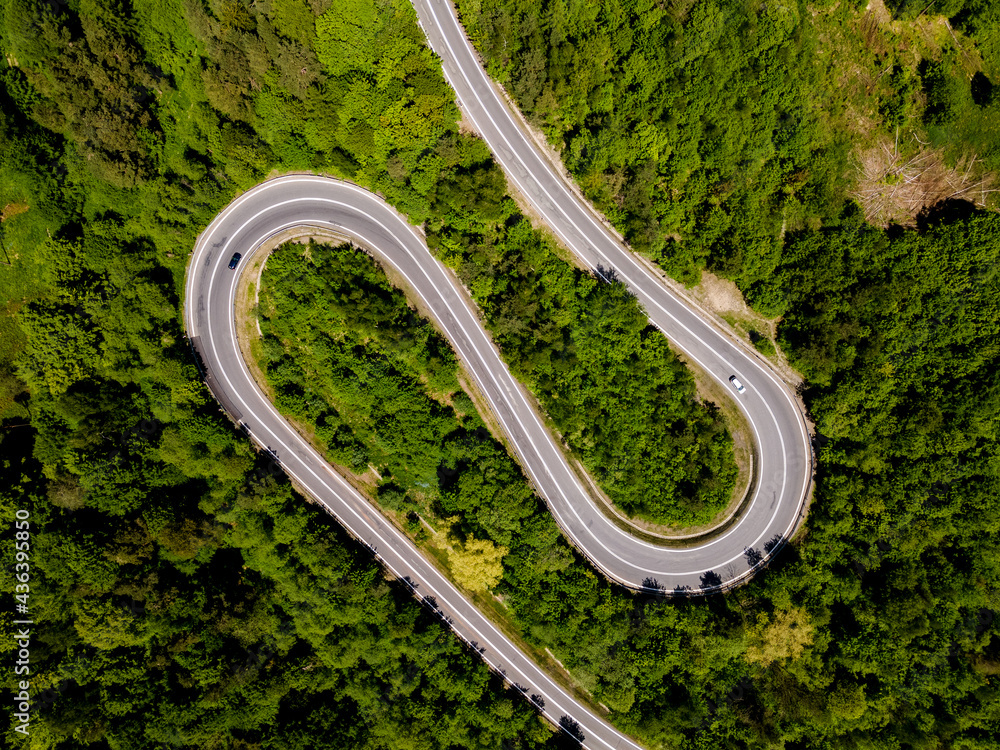 Curvy Road in Forest. Top Down Drone View Curvy Road in Forest. Top Down Drone View