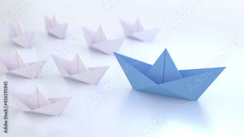 Concepto de liderazgo, barco líder azul que guía a los blancos sobre fondo blanco. 3D photo