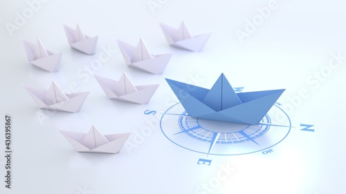 Concepto de liderazgo, barco líder azul que guía a los blancos sobre fondo blanco. 3D