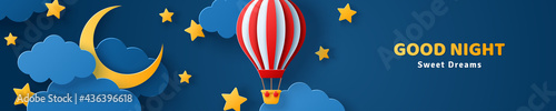 Fluffy clouds on dark sky background with gold moon crescent, stars and red hot air balloon. Vector illustration. Paper cut style. Place for text. Good night baby banner or header concept