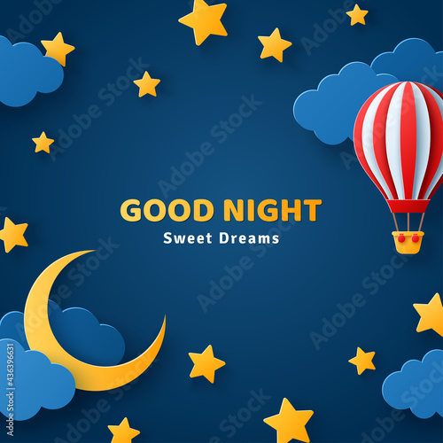 Fluffy clouds on dark sky background with gold moon crescent, stars and red hot air balloon. Vector illustration. Paper cut style. Place for text. Good night baby banner, poster or card concept
