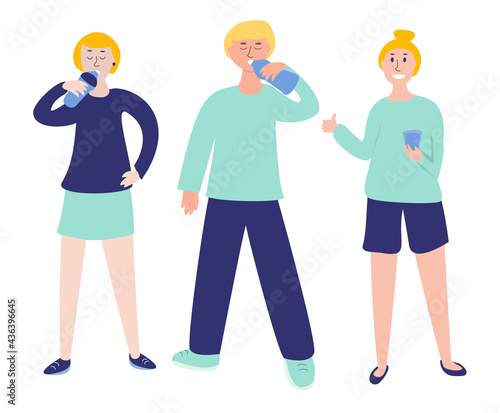 Set of people drinking water. Vector concept of healthy lifestyle