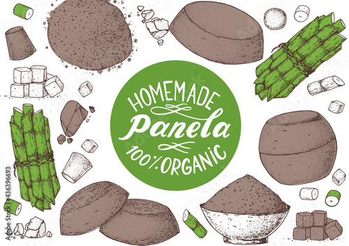 Panela sugar sketch. Hand drawn vector illustration. Vintage design template. Cane sugar. Gur or jggery powder. Organic unrefined.