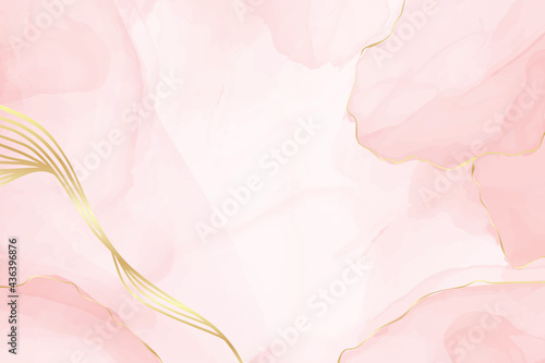 Abstract dusty blush liquid watercolor background with golden lines. Pastel pink marble alcohol ink drawing effect. Vector illustration design template for wedding invitation