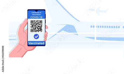 Hand keeping phone. Health passport application. Digital certificate of vaccination