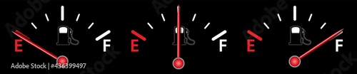 Fuel meter set indicating empty, half, full tank vector design. Gas level illustration on black background to use in transportation, logistics, car consumption projects.