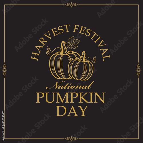 emblem of vegetable pumpkins with green leaves isolated on black background