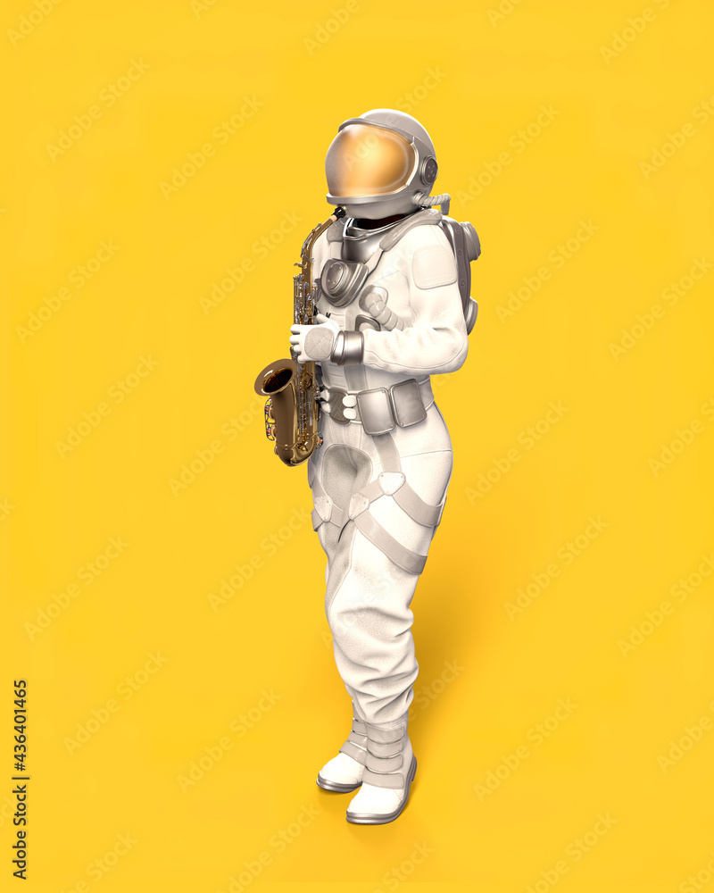 Astronaut and saxophone, yellow background. 3D illustration Astronaut and saxophone, yellow background. 3D illustration