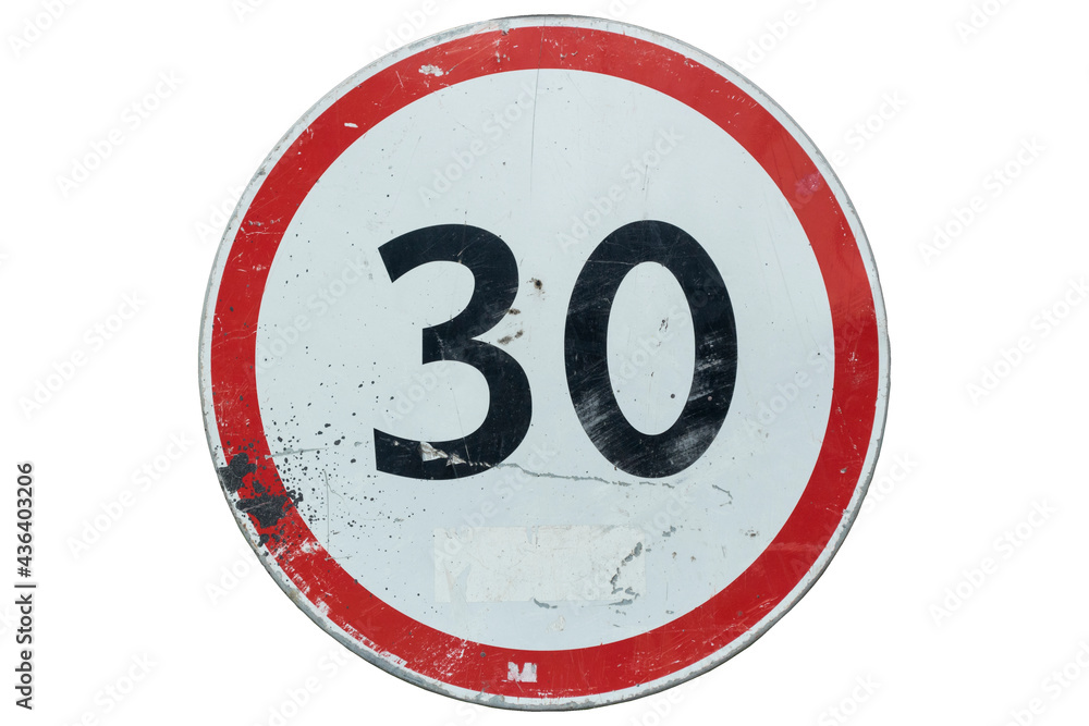 Scratched dirty roadsign 'Speed limit 30' isolated on white. Scratched dirty roadsign 'Speed limit 30' isolated on white.