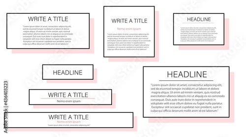 Header. Set, window for text. Frame with title and information for presentation. Simple banner template in minimal style. Collection of layouts with an inscription for a website. Vector illustration. © Evi