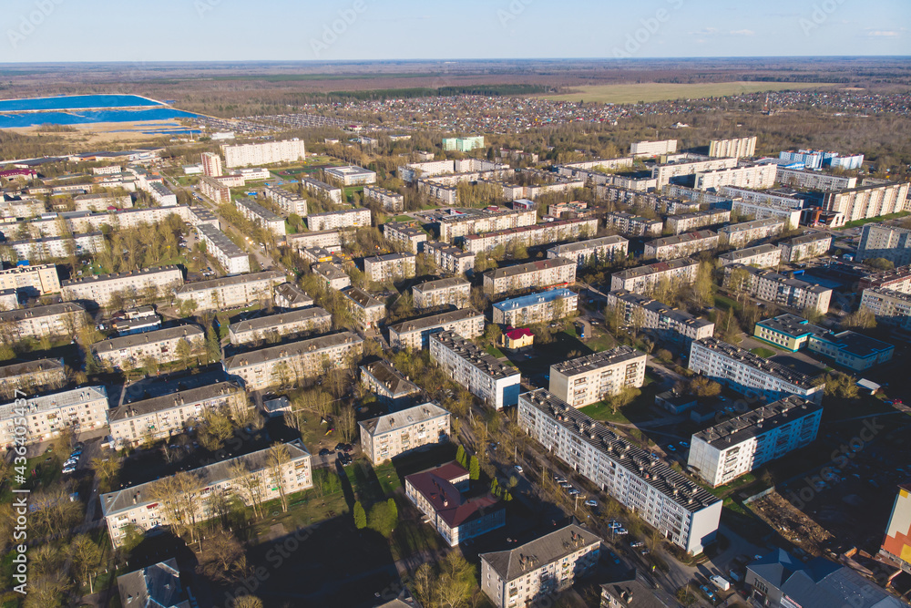Volkhov city aerial view panorama, administrative center of Volkhovsky District in Leningrad Oblast, Russia, located on the river Volkhov, panoramic view summer sunny day