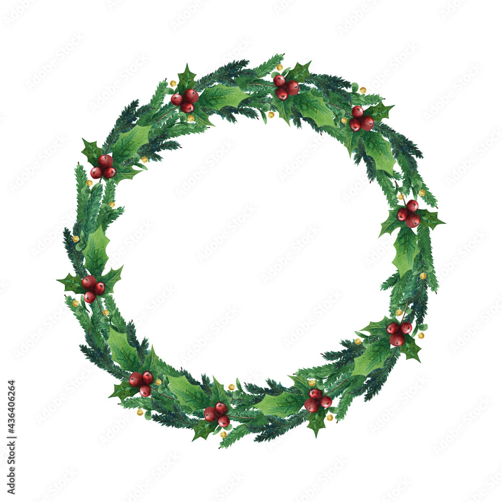 Hand drawn watercolour Christmas wreath isolated on white background. Hand drawn watercolour Christmas wreath isolated on white background.