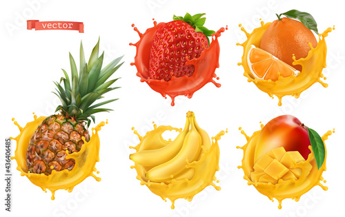 Pineapple, strawberry, orange, banana, mango juice. Fresh fruits and splashes, 3d realistic vector icon set