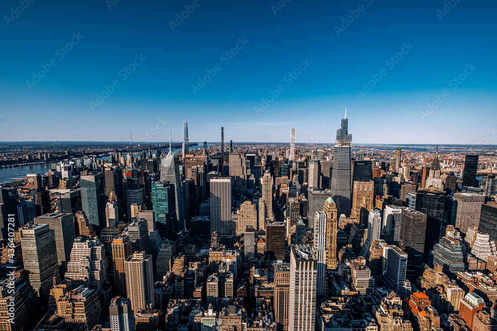 New York City - USA - Apr 3 2021: Sunny Day Light Wide Angle View of Midtown Manhattan