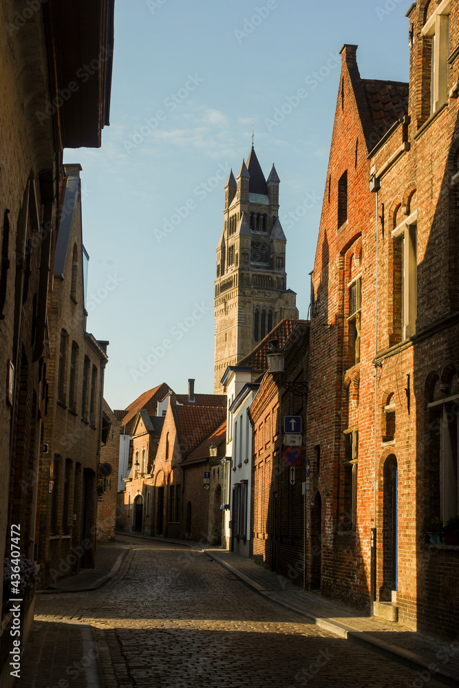 picturesque street.at sunset in the city of Bruges, Belgium