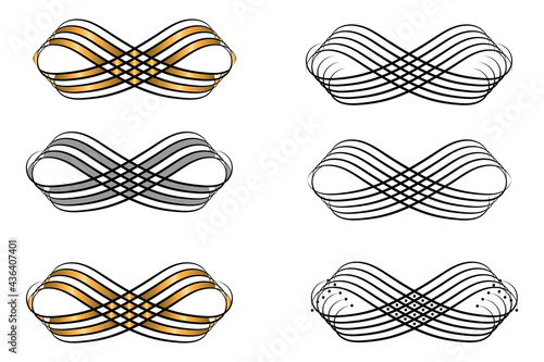 Vector set of linear and colored decorative elements in the form of a bow. Black, gold, gray on white.