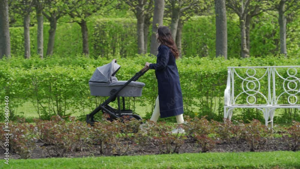 Mother pushing carrycot stroller with sleeping baby on a walk in spring park, Catherine Park in the town of Tsarskoye Selo (Pushkin), St. Petersburg, Russia. High quality 4k footage Mother pushing carrycot stroller with sleeping baby on a walk in spring park, Catherine Park in the town of Tsarskoye Selo (Pushkin), St. Petersburg, Russia. High quality 4k footage