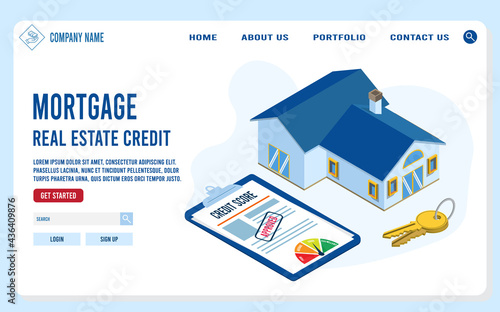 Mortgage loan regulation isometric landing page with house, key and credit score. .Personal bank credit for buying home concept. Flat Isometric Vector Illustration eps10.