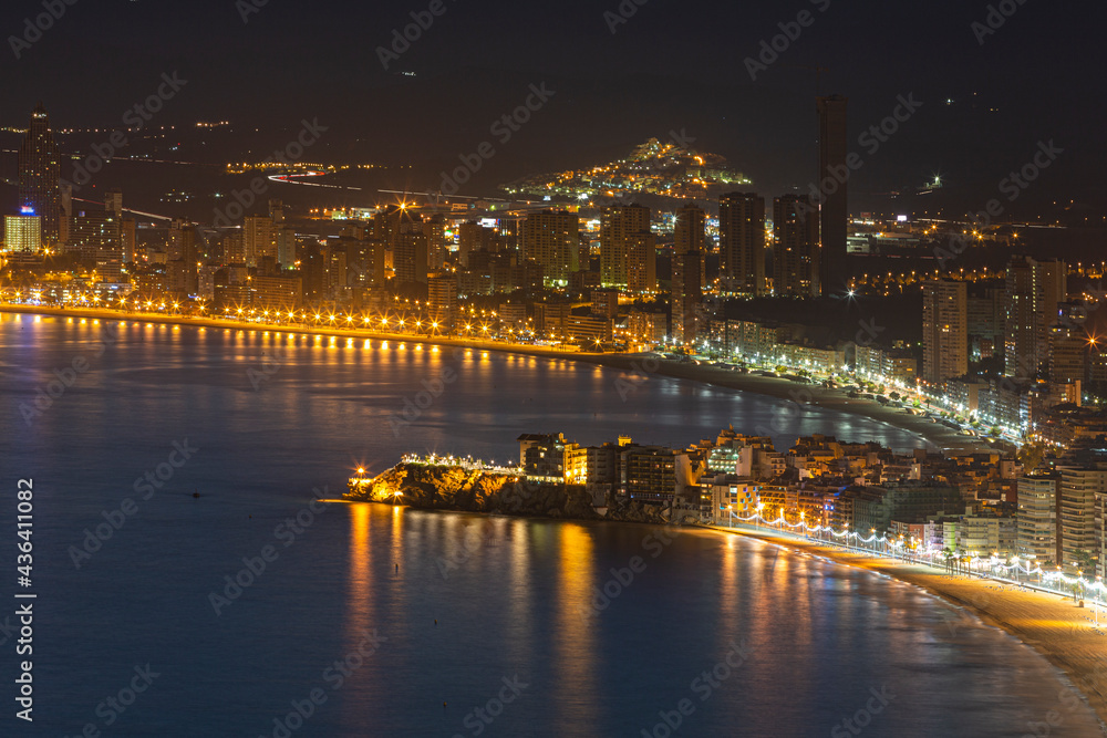 Aerial night view of the city of Benidorm in the province of Alicante, Spain