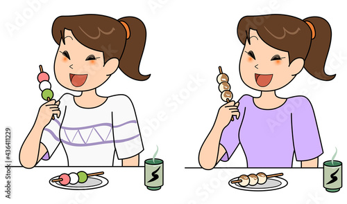 みたらし団子と三色団子を食べる女性