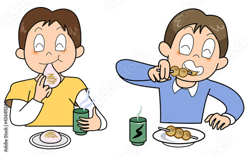 大福餅と団子を食べる男性