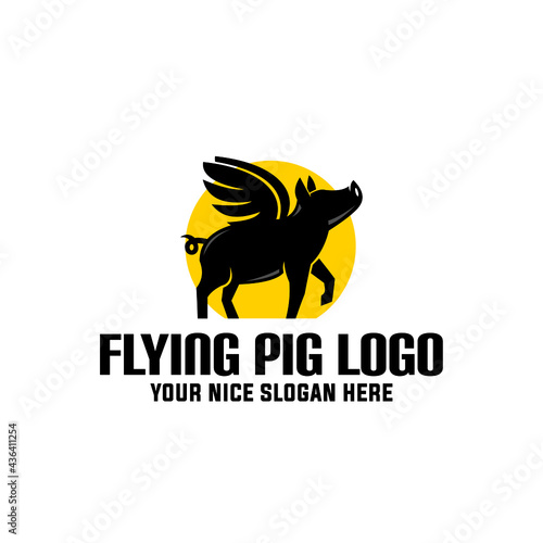 flying pig logo, silhouette of smart winged pig vector illustrations