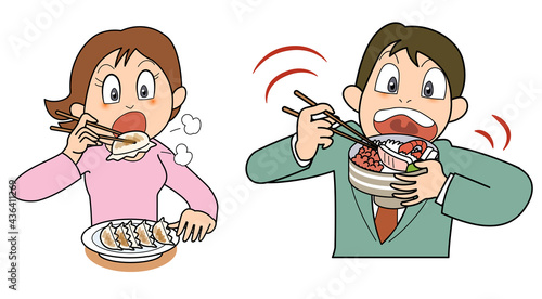 餃子を食べる女性と海鮮丼を食べる男性