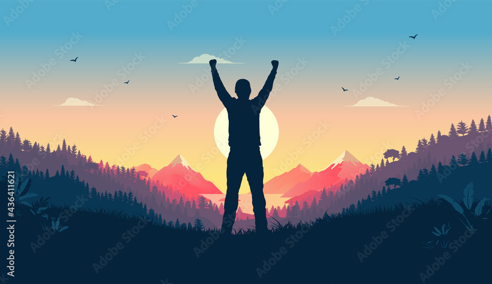 Personal victory and winning - Person standing in landscape watching 