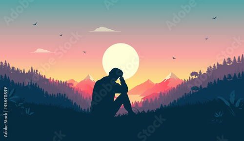 Melancholy man sitting in landscape thinking and contemplating. Beautiful warm nature and sunset in sky. Melancholic feeling concept. Vector illustration.