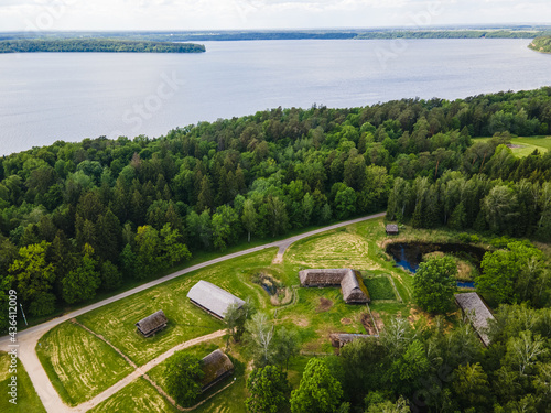 Open-air ethnographic museum Rumsiskes in Lithuania, drone PoV © Zygimantas