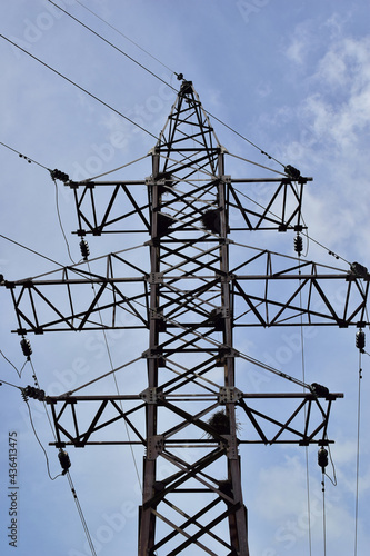 Electric transmission line. Metal construction with bird nests.