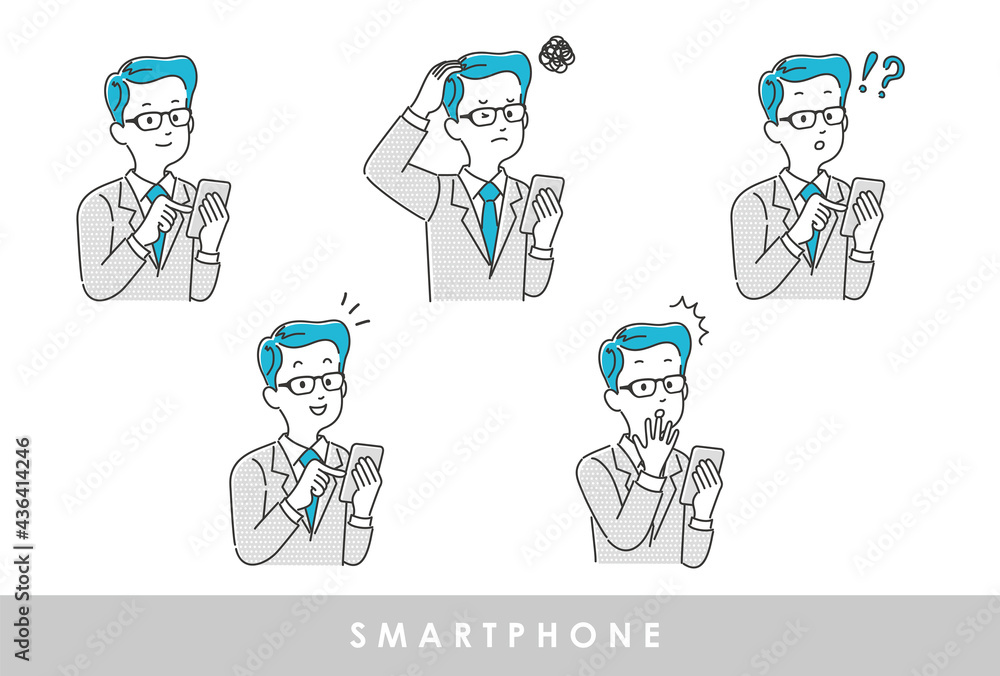 スマートフォンを操作している年配男性のイラスト素材 セット