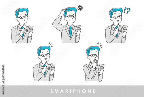 スマートフォンを操作している年配男性のイラスト素材 セット